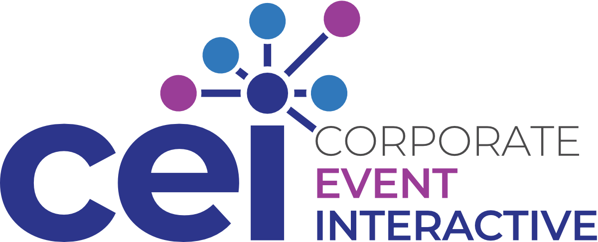 The Corporate Event Interactive logo presented against a plain white background in its signature purple, blue and grey color scheme. The letter i in the log has what look like colorful purple and blue sparks eminating from it