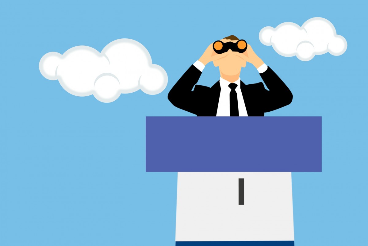 infographic drawing of someone wearing a suit holding binoculars up to their face wearing a suit behind a simple blue and white podium, two clouds and light blue sky in the background
